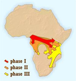 Fases da expansão Bantu  a partir de  onde hoje é Camarões.